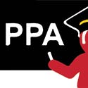White letters of PPA on a black background with a cartoon professor.