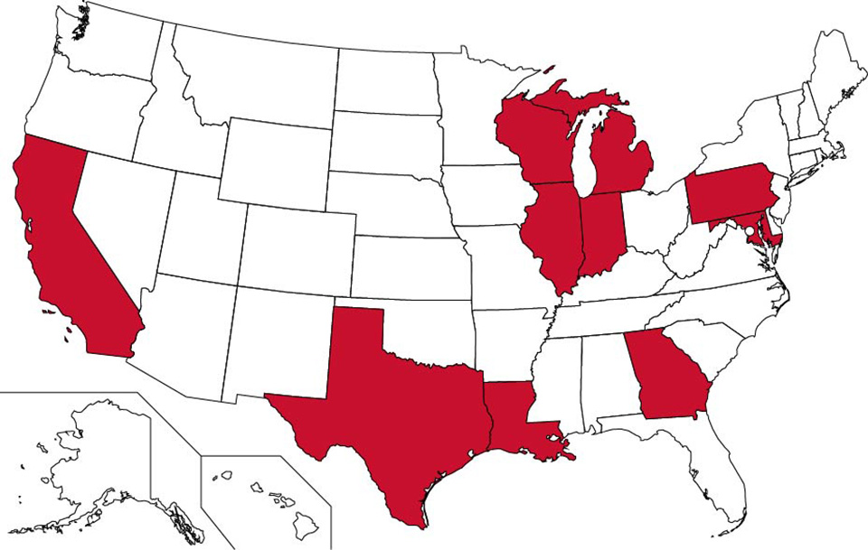 Map of the United States with several states colored in red to show where P3 Program providers are located.