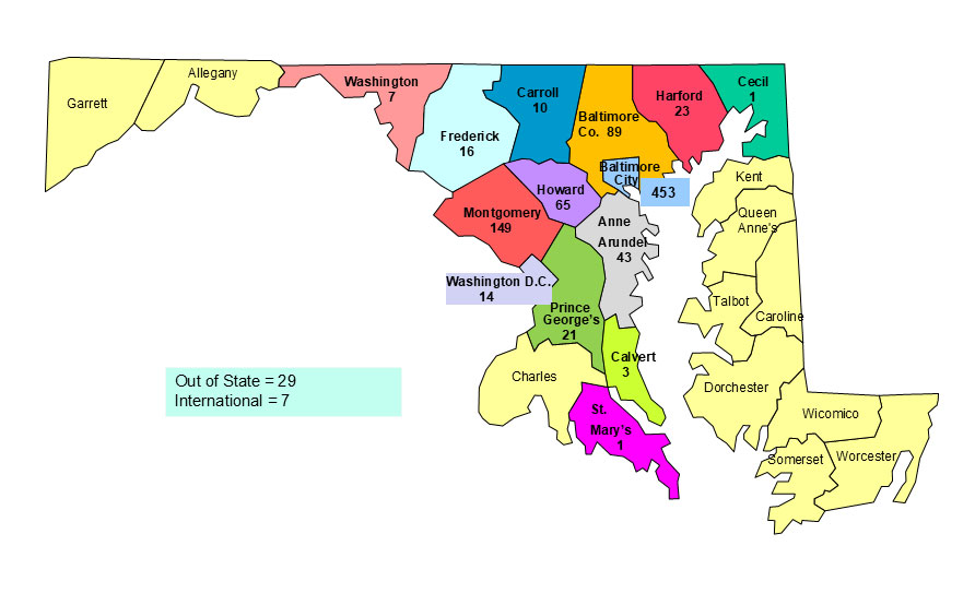 Map of Maryland with ELP rotation placements. Out of state is 29 and international is 7.