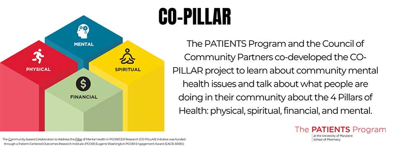 Infographic showing four pillars - red (physical), green (financial), yellow (spiritual), blue (mental) - The PATIENTS Program and community partners co-developed the CO-PILLAR project to learn about community mental health issues and talk about what people are doing in their community about the four pillars of health.