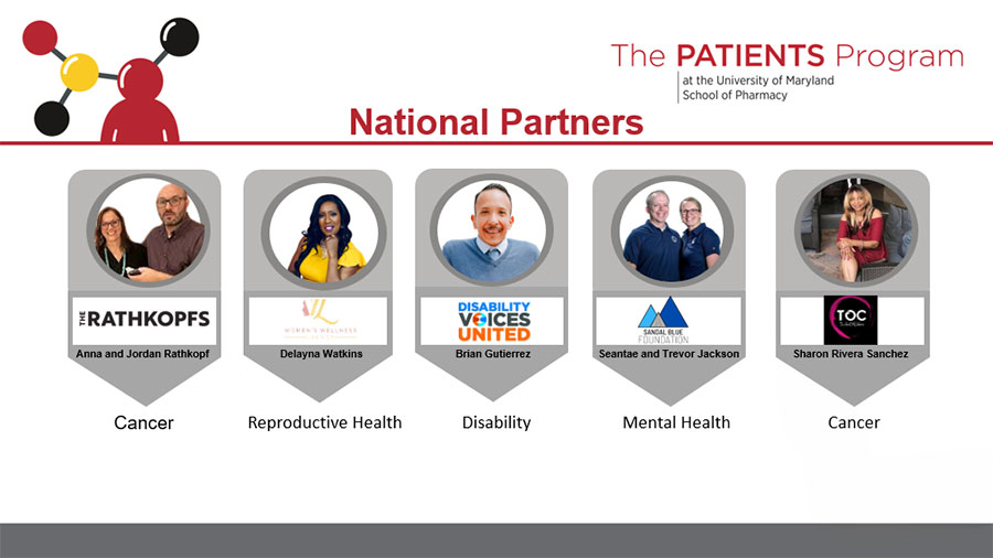 Graphic with the PATIENTS program logo and round images of the 5 national partners: Anna and Jordan Rathkopf for Cancer; Delayna Watkins for Reproductive Health; Brian Gutierrez for Disability; Seantae and Trevor Jackson for Mental Health; and Sharon Rivera Sanchez for Cancer