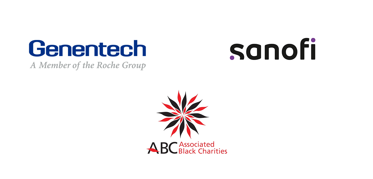 Logos for Genentech, Sanofi, and Associated Black Charities.